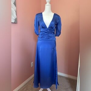 Flynn Skye two piece satin office siren puff sleeve button top & matching skirt